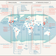 A map showing newly emerging and reemerging infectious diseases that have recently or could someday pose a serious threat to people’s health. The dots indicate where they were discovered or are most relevant currently.